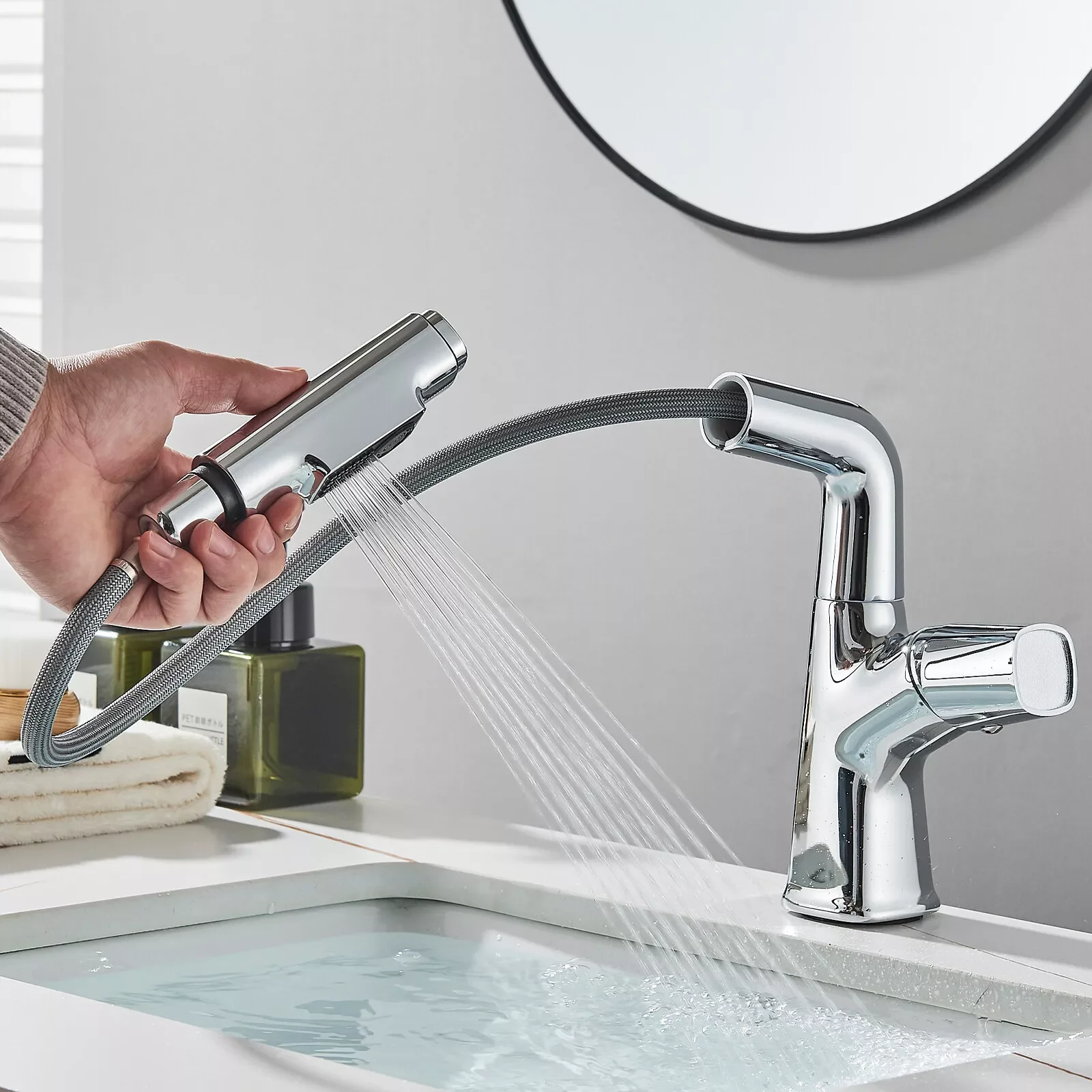 Chrome Basin Faucet Pull Out Nozzle Adjustable Lift Faucet Kitchen Mixer Crane Hot and Cold Taps