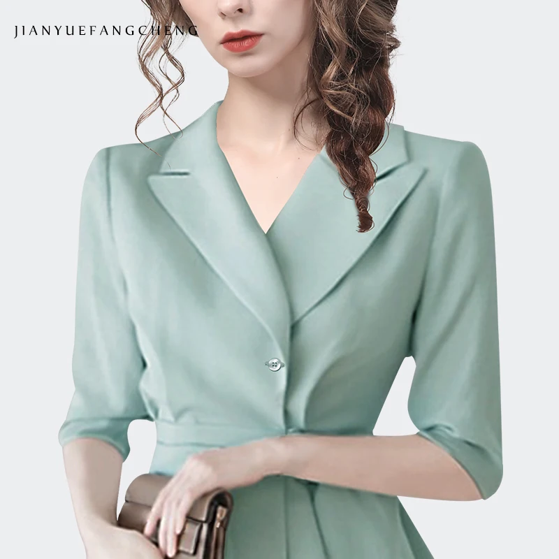 Fashion Suit Collar Light Blue Women Working Shirt With Belt Elegant Slim Half Sleeve Blouse 2022 Spring Summer Female Tops