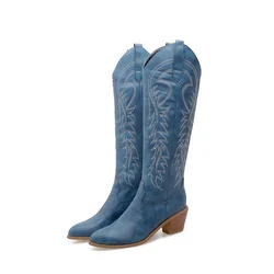 Embroider Western Cowboy Boots for Women Fashion Knee High Boot Winter Shoes Wedge Heels Footwear Chelsea Shoes Large Size 45 50