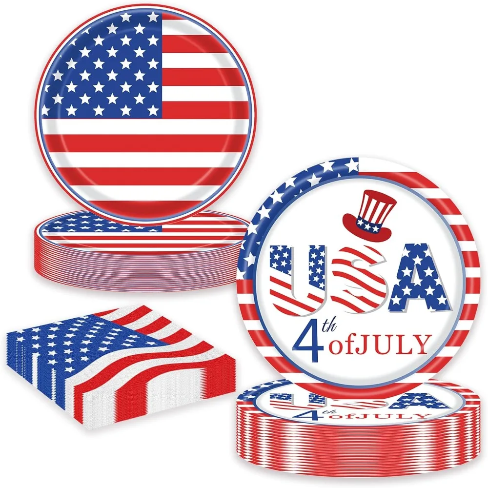 

60Pcs Patriotic Plates and Napkins, 4th of July Tableware Party Supplies Disposable Dinner Dessert Paper Plates and Napkins for