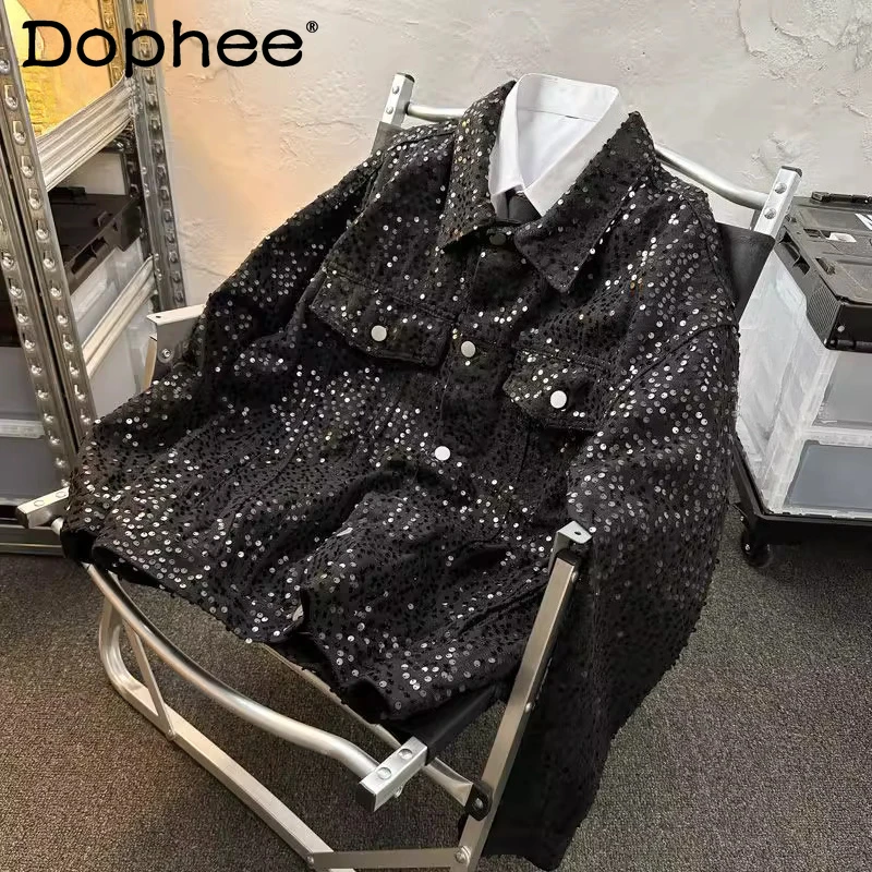 

Sequined Lapel Jackets Men's 2025 Spring Autumn New Light Luxury High-end Small Fragrant Denim Coats Male Handsome Denim Jackets