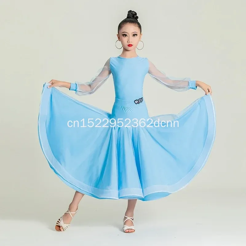 여아용 왈츠 표준 댄스 공연복 투피스 탱고 무대 의상 핑크 블루 볼룸 댄스 드레스