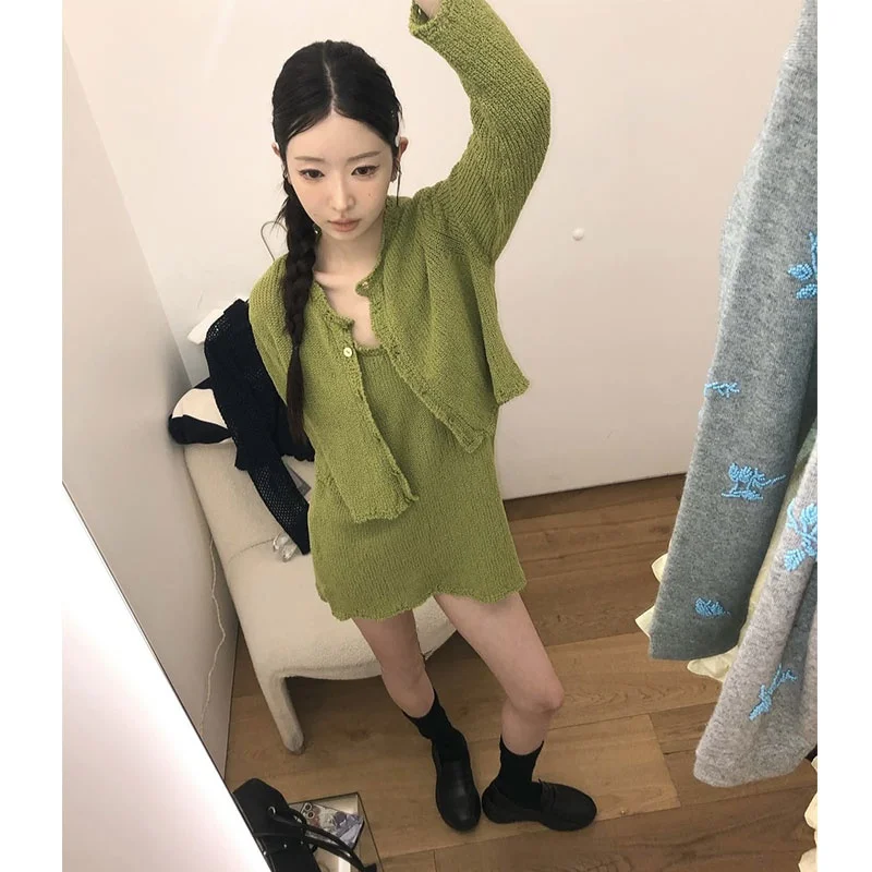 

Sli Knitted ort Cardigan Women's Single Button Sweater Vest Skirt Set Sweet Sle Long Sve round Ne Two Piece Suit