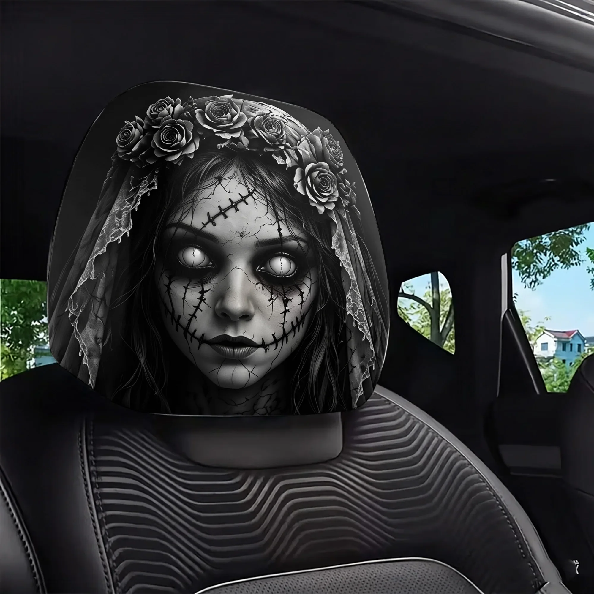 Gothic Bride Print Headrest Covers, Easy To Remove & Washable, Commuting & Road Trip Headrest  Covers Decor