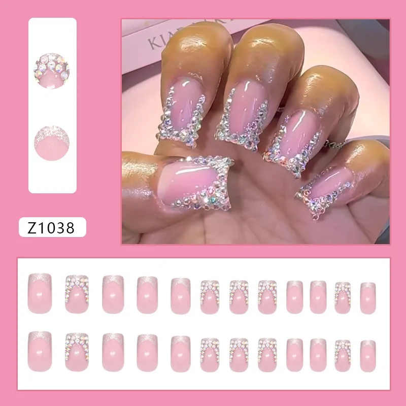 24PCS Spice Girls False Nails with Simple Nude Pink French Fake Nails for Women Glitter Diamonds Sweet Ins Square Nails Press On