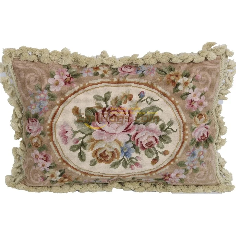 needlepoint embroidery  Ethnic woven throw pillow pure wool embroidery floral Victorian style