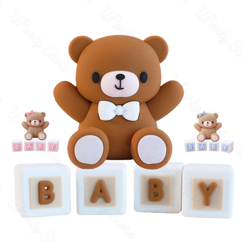 2Pcs/Set Baby Bear Cake Toppers BABY Pink Blue Bow Brown Bear Cake Stand for Birthday Gender Reveal Baby Shower Cake Decorations