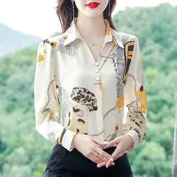 2023 Spring and Autumn Women's Polo Collar Long Sleeve Chiffon Printing Loose Button Fashion Casual Formal Elegant Tops