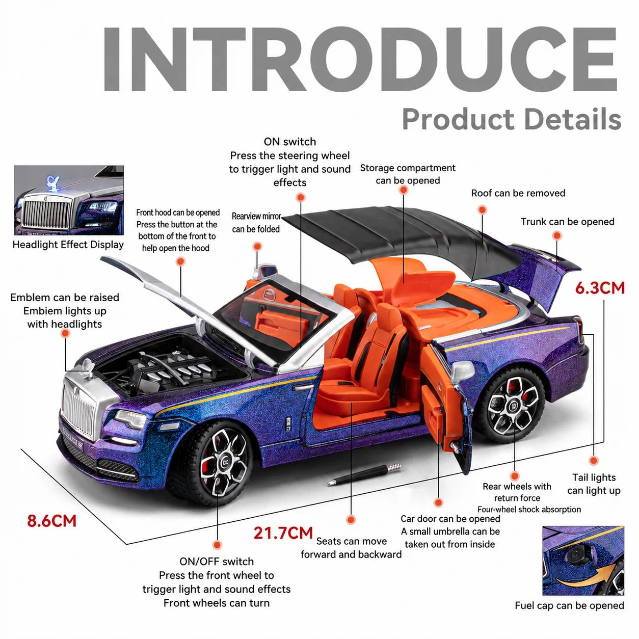 1:24 Luxury Convertible Car Simulation Alloy Model, Sound & Light, Pull Back Function, Collectible Toy Gift for Boys