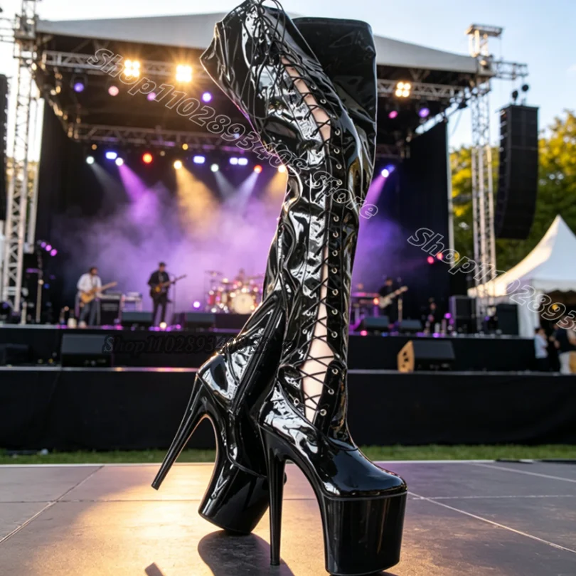 Red Cross Band 20CM Platform Boots Round Toe Stylish Thin High Heels Women Pole Dance Sexy Over Knee Boots Zapatos Para Mujere