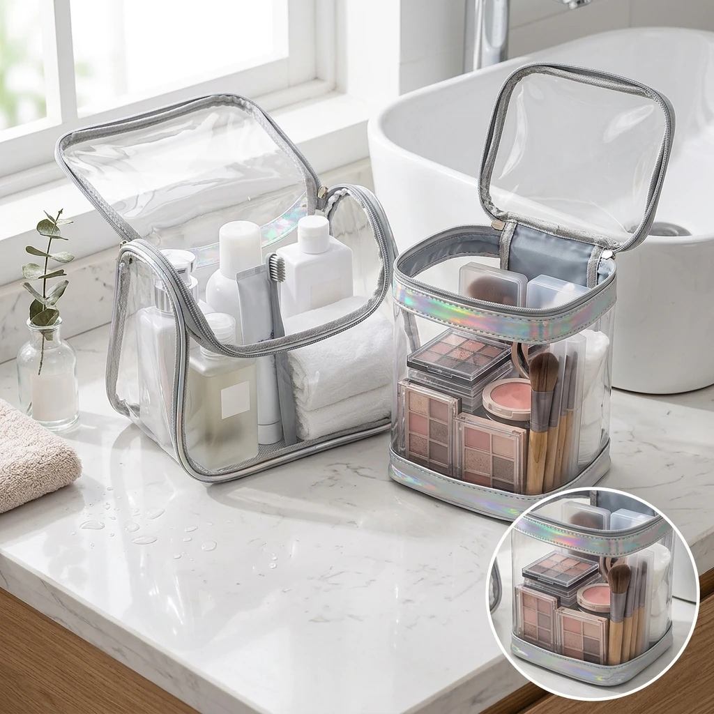 Desktop Holographic PVC Toiletry Organizer Bag, Large Transparent Waterproof Wear‑Resistant Storage Handbag for Daily Travel