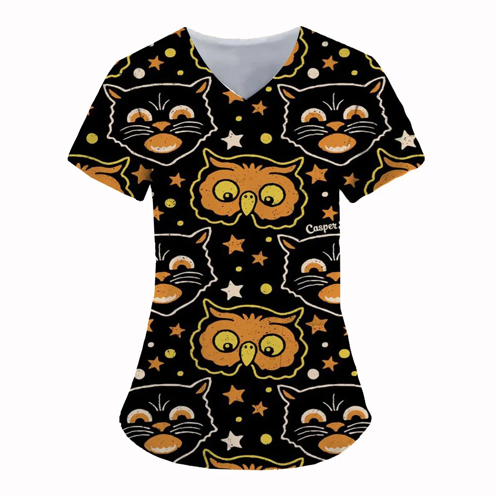 Haut d'Halloween à manches courtes et col en V, joli style uniforme d'infirmière imprimé citrouille avec poches plaquées, chemise décontractée confortable pour femmes