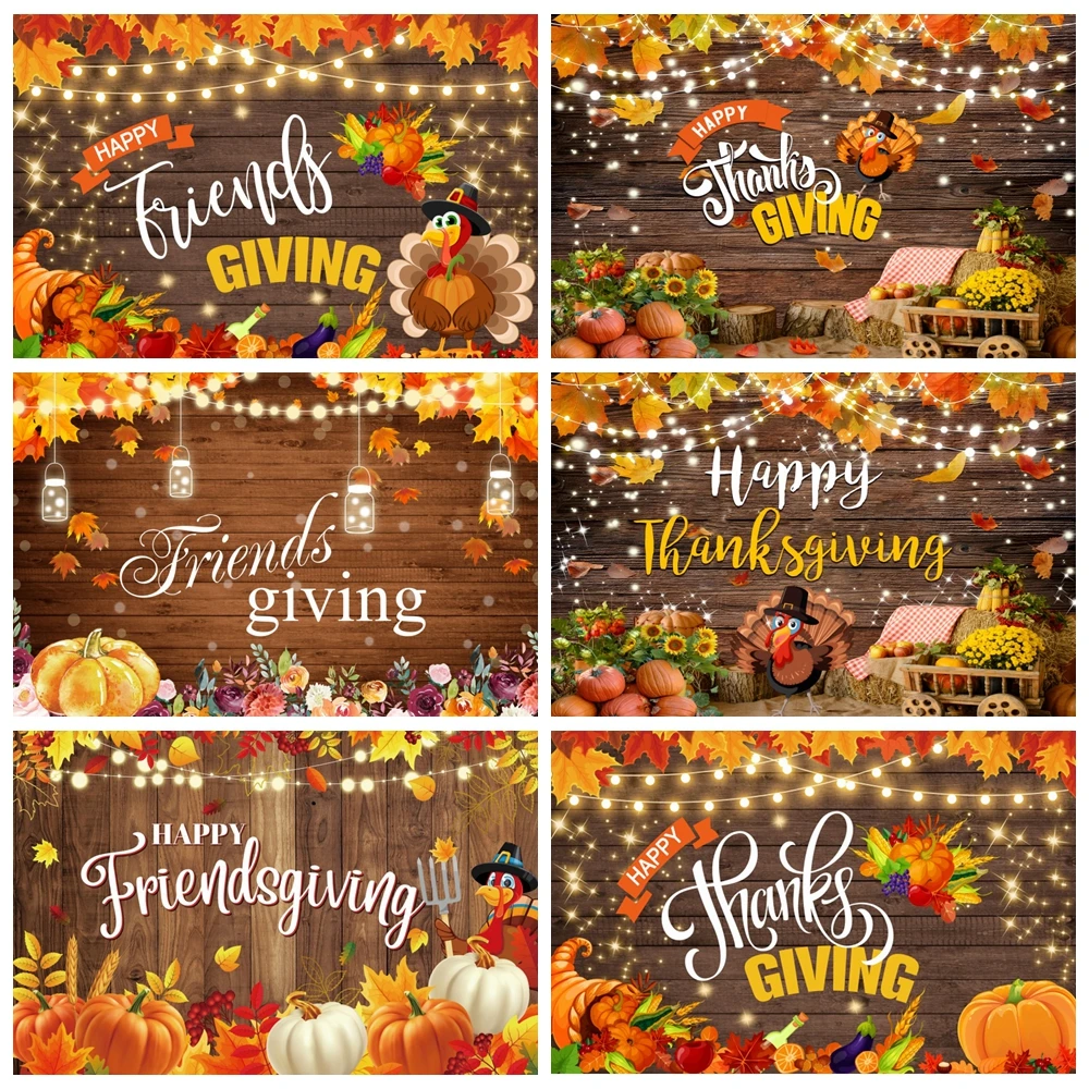 

Autumn Happy Thanksgiving Photography Backdrop Fall Wooden Board Pumpkin Turkey ThanksGiving Day Party Decor Photo Background
