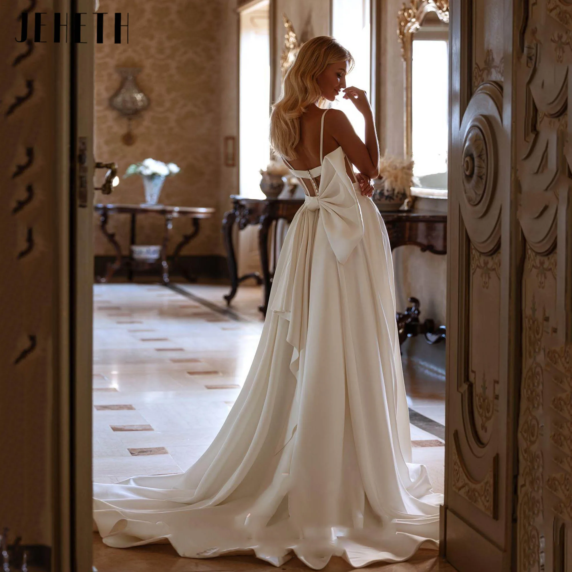JEHETH Classic Minimalism A-line Satin Wedding Dress Spaghetti Straps Backless Bridal Gown With Bow vestidos de novia Customized