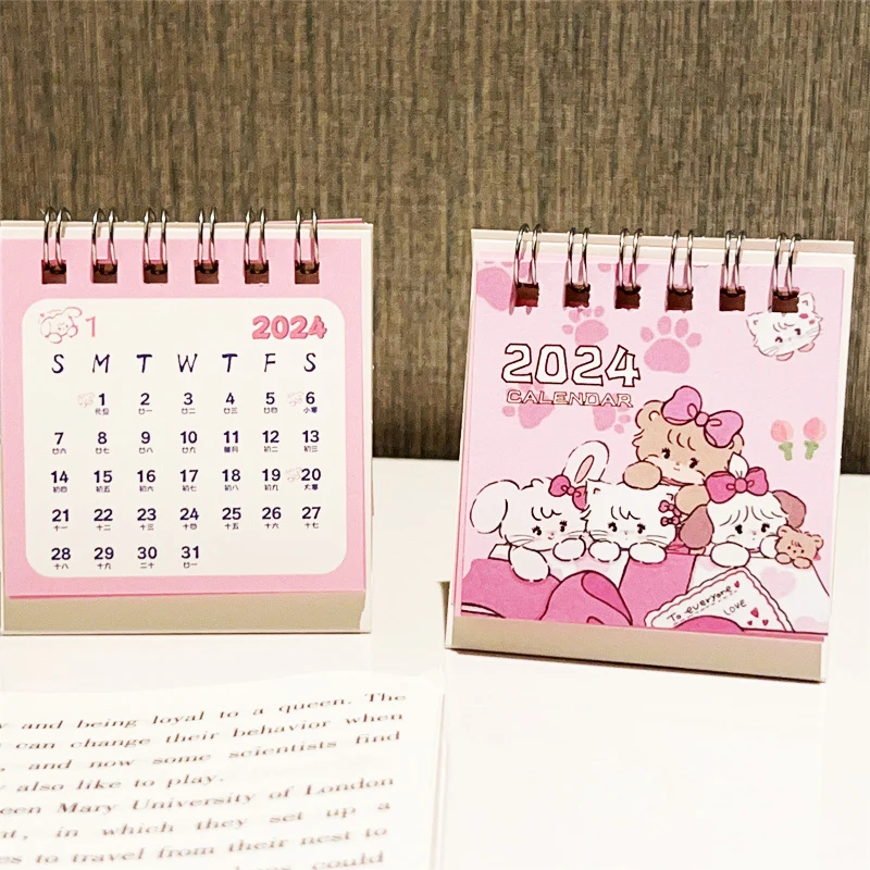 Kalender meja kucing Pink kartun 2024, Mini lucu berdiri lipat kalender meja perencanaan harian kecil kalender bulanan untuk rumah