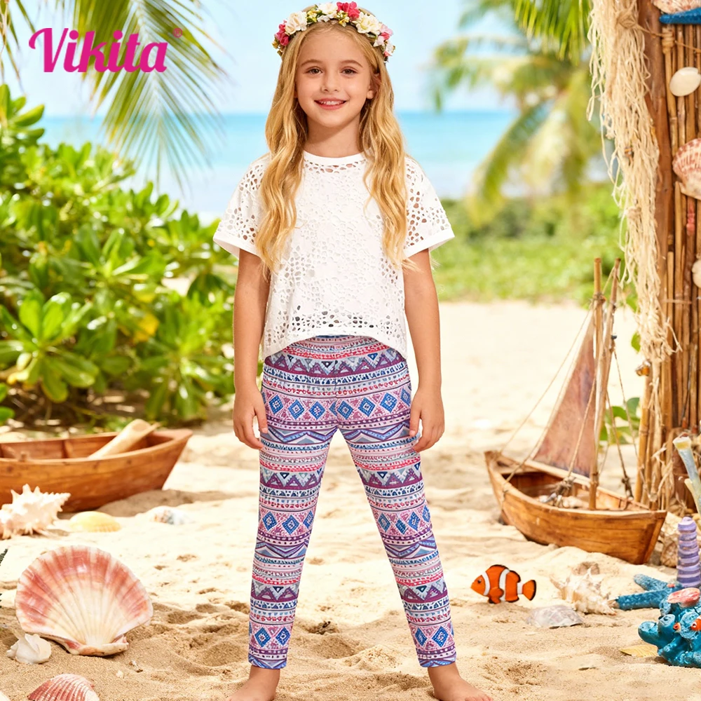 VIKITA Girls Ethnic Tribal Leggings Toddlers Pink Purple Geometric Polyester Beach Vacation Casual Daily Fashion Skinny Trousers