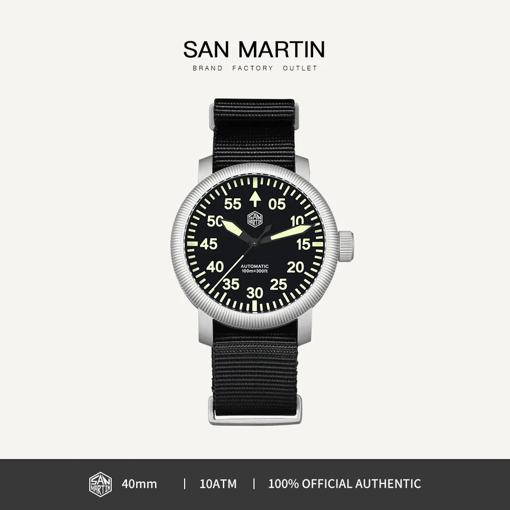 

San Martin Men Watch 40mm Simple Pilot Style Bead Blasted Steel Automatic Mechanical Watches Waterproof 10Bar C3 Luminous SN0143