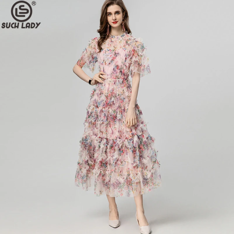 

Women's Runway Dresses O Neck Short Sleeves Printed Ruffles Elegant Fashion Designer Mesh Dress Vestidos