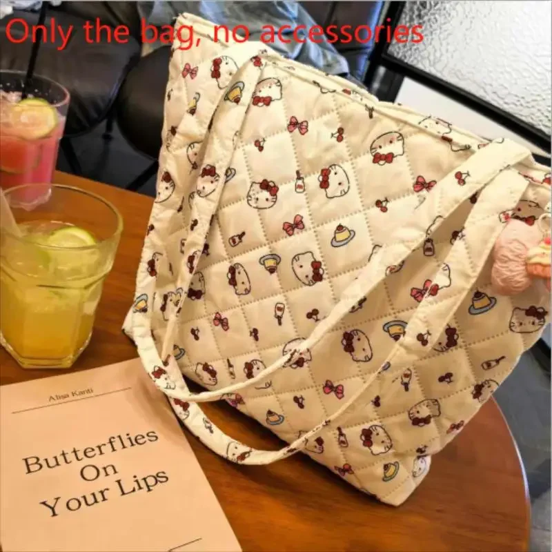

Cute Sanrio Hello Kitty Handbag Large Capacity Storage Bag Women Fashion Tote Bag Bubble Cotton Shoulder Bag Portable Travel Bag