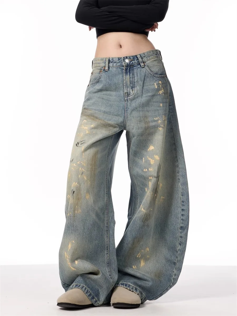 

American Retro Splaed Ink Knife Jeans Men Women High Street Dir Destroy Straight Leg Loose Casual Long Pants