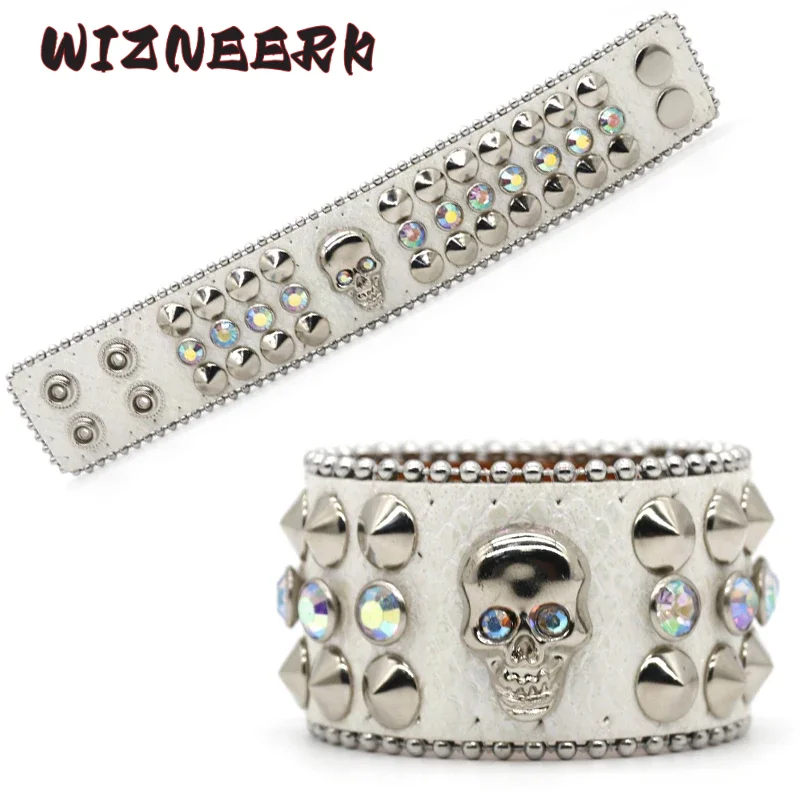 WIZNEERK Punk Y2K Teschio Bracciale con strass di lusso in pelle PU Hip-hop Romantico Goth Braccialetti di cristallo Accessori per feste regalo