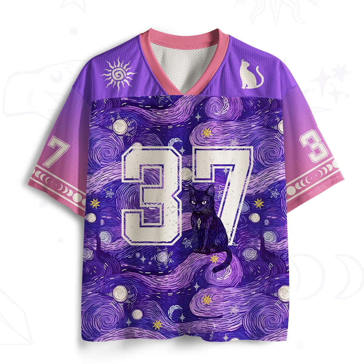 Van Gogh Starry Night Wind Black Cat Shirt Purple Tone Starry Sky Vortex Starry Moon Children's and Women's Mesh Short Sleeves
