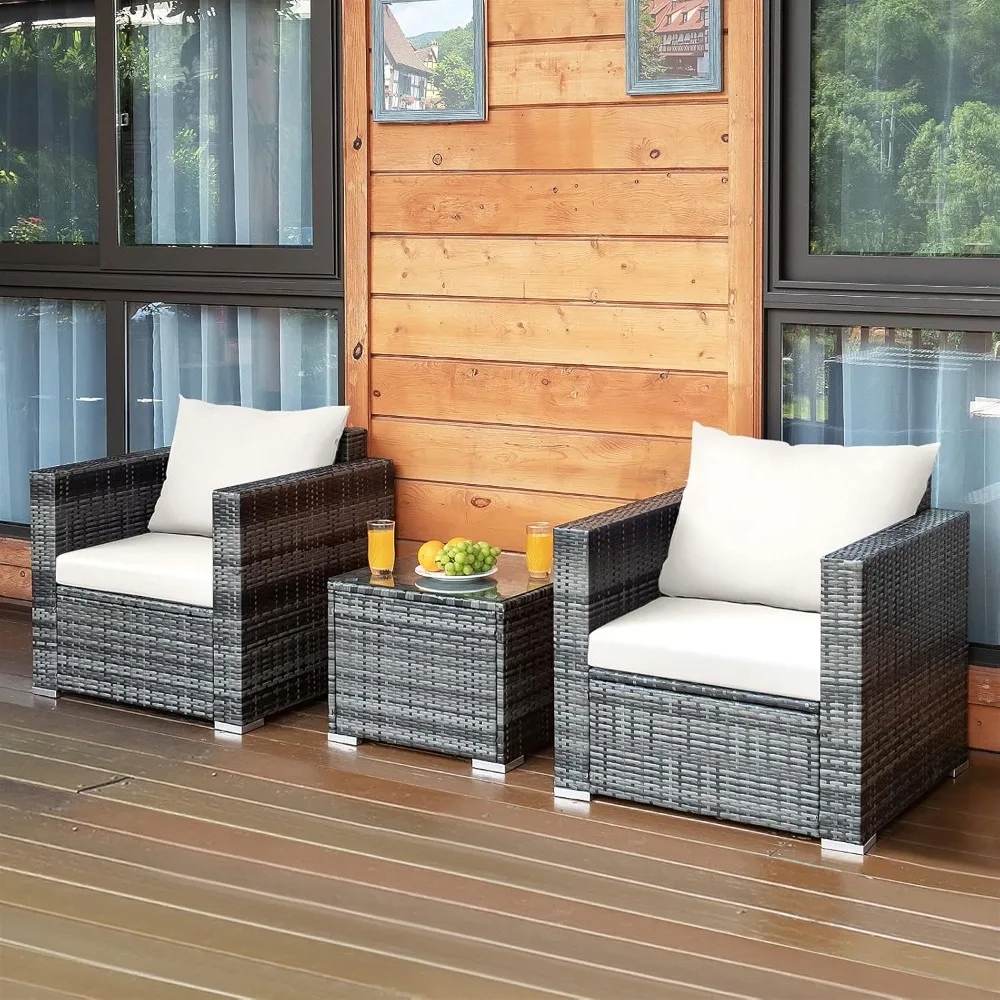 

3 PCS Patio Conversation Set Outdoor Rattan Wicker Sofa Set with Coffee Table Patio Furniture Set with Soft Cushions.