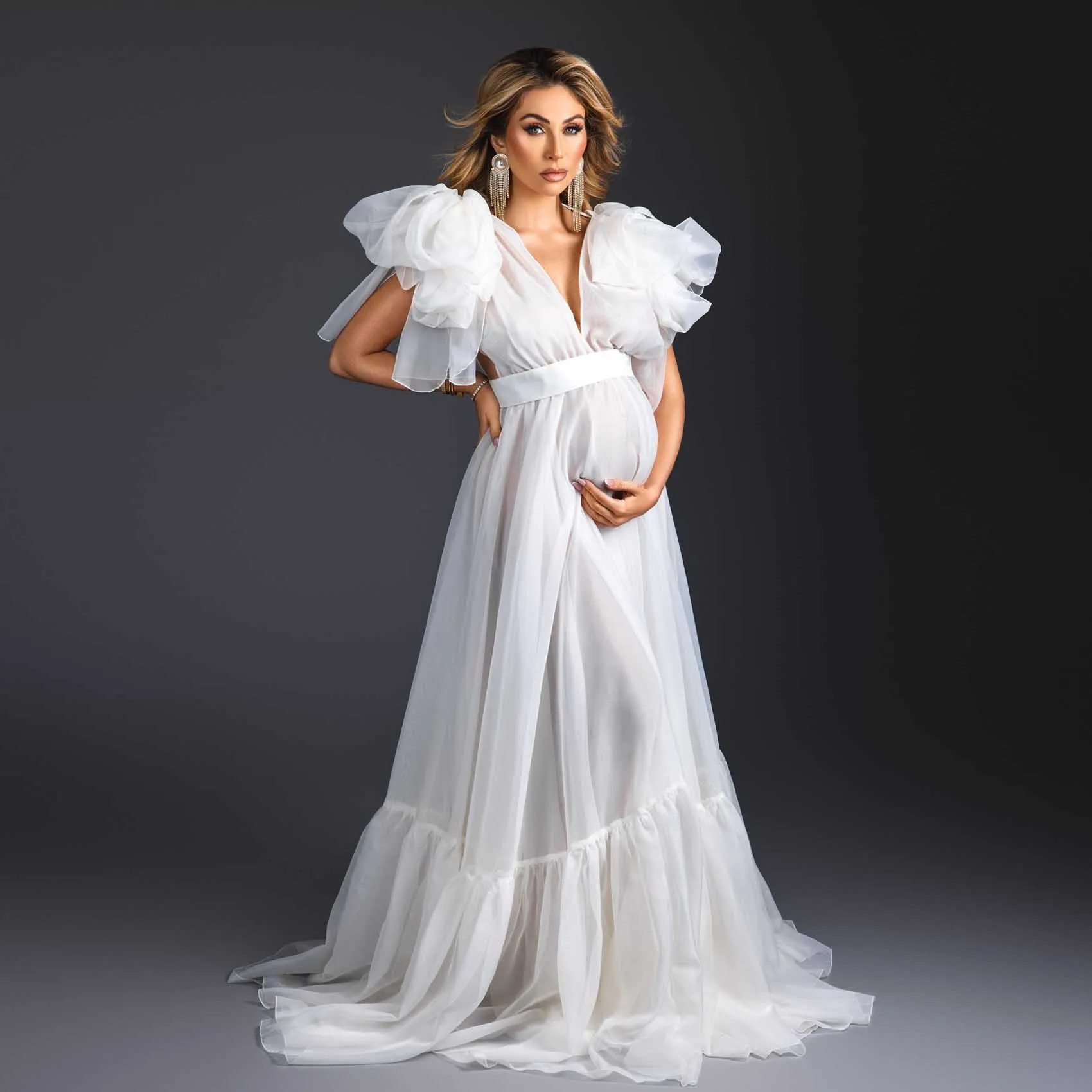 

Elegance Pure White Maternity Dress Photoshoot V Neck Ruffles Chiffon Maternity Photoshoot Dresses Custom Made Baby Shower Dress