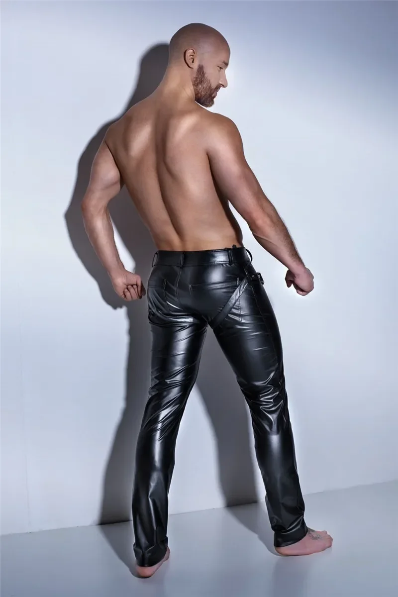 

Mens Trousers Open Crotch PU Leather Latex Leggings Sexy Wetlook Leggings Fitness Pencil Pants Taniec Na Rurze Clubwear Gay XXL