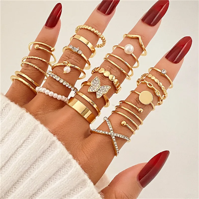 Vintage Shiny Zircon Butterfly Heart Ring Set Gold Color Boho Elegant Eyes Moon Geometric Rings Women Party Jewelry