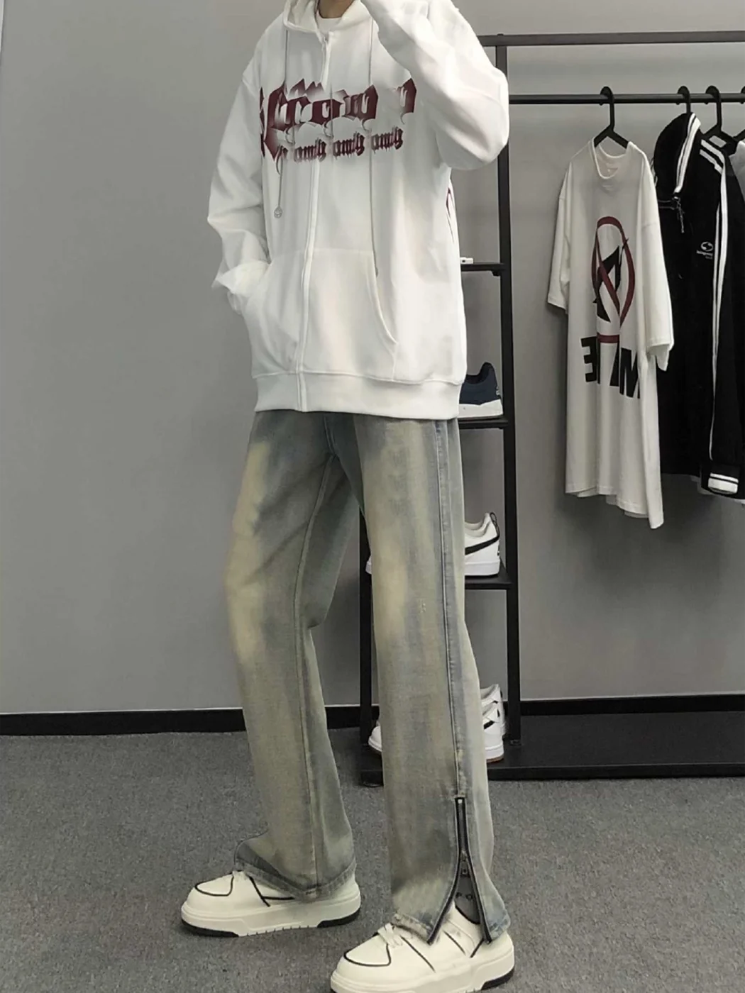 

Retro Waed Straight Leg Men's Jeans High Street Zipper Slit Design Spring Summer Autumn Winter Trendy Brand Casual Long Pants