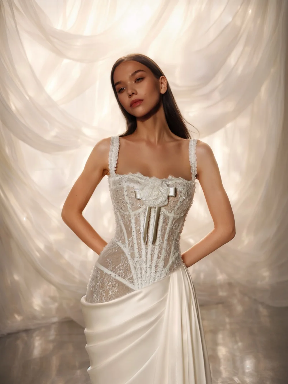 Ivory Beaded Lace Long Wedding Dress Pleated Charming Thin Straps Bridal Gown Customized Dreamy Mermaid Dresses For Bride
