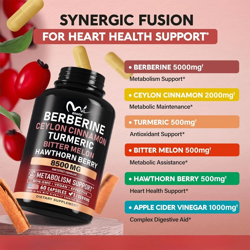 Berberine Ceylon cinnamon,apple cider vinegar, hawthorn berries, citrus, bergamot, bitter melon, coenzyme Q10-14 in 1 supplement