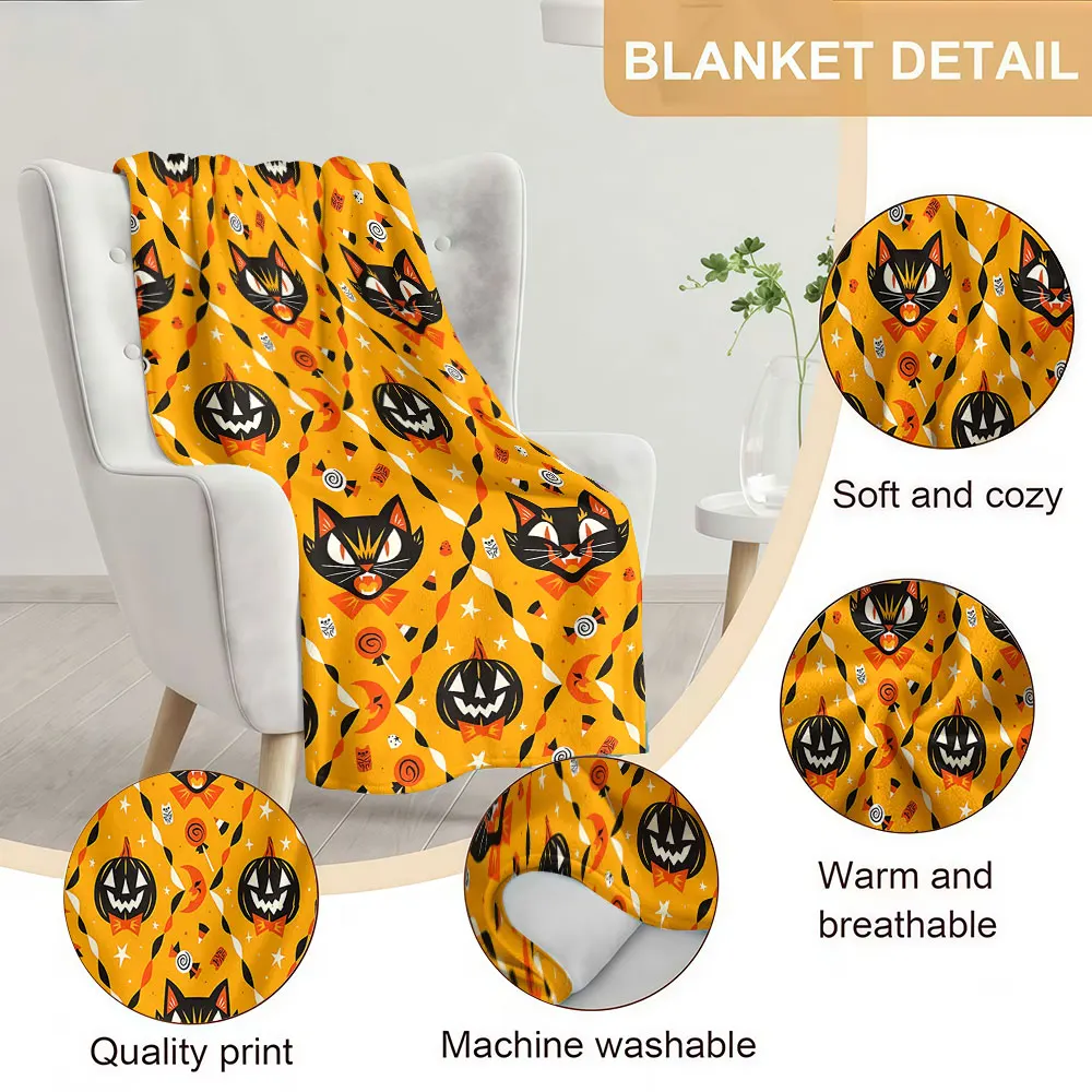 Black Cat Pumpkin Soft Warm Flannel Blanket Lightweight Cozy Christmas Halloween Home Decor Room