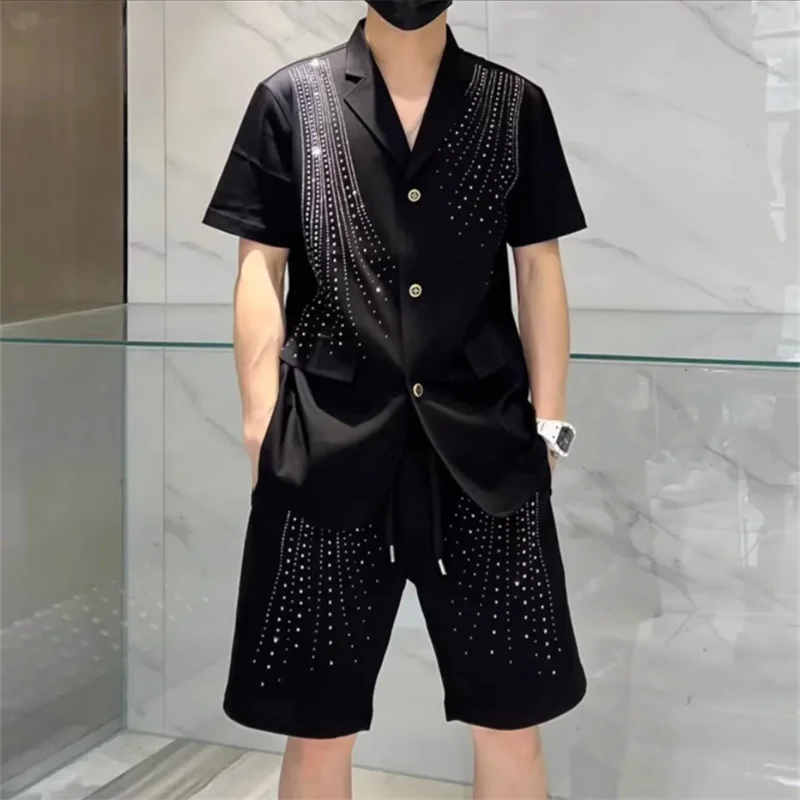 M-4XL!!2023 summer new Korean version of fashion design hot drill short-sleeved suit men night show suit shorts two-piece set