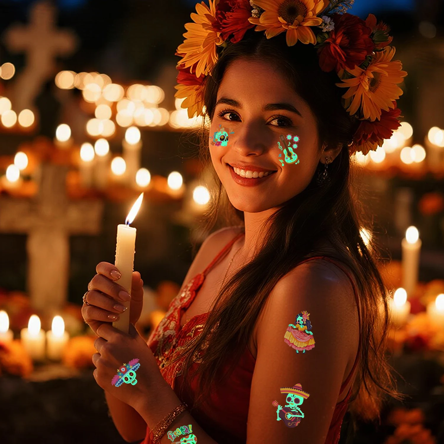 10 Sheets Temporary Tattoos That Glow in the Dark, Mexican Day of the Dead Festival Tattoos, Day of the Dead Party Decorations
