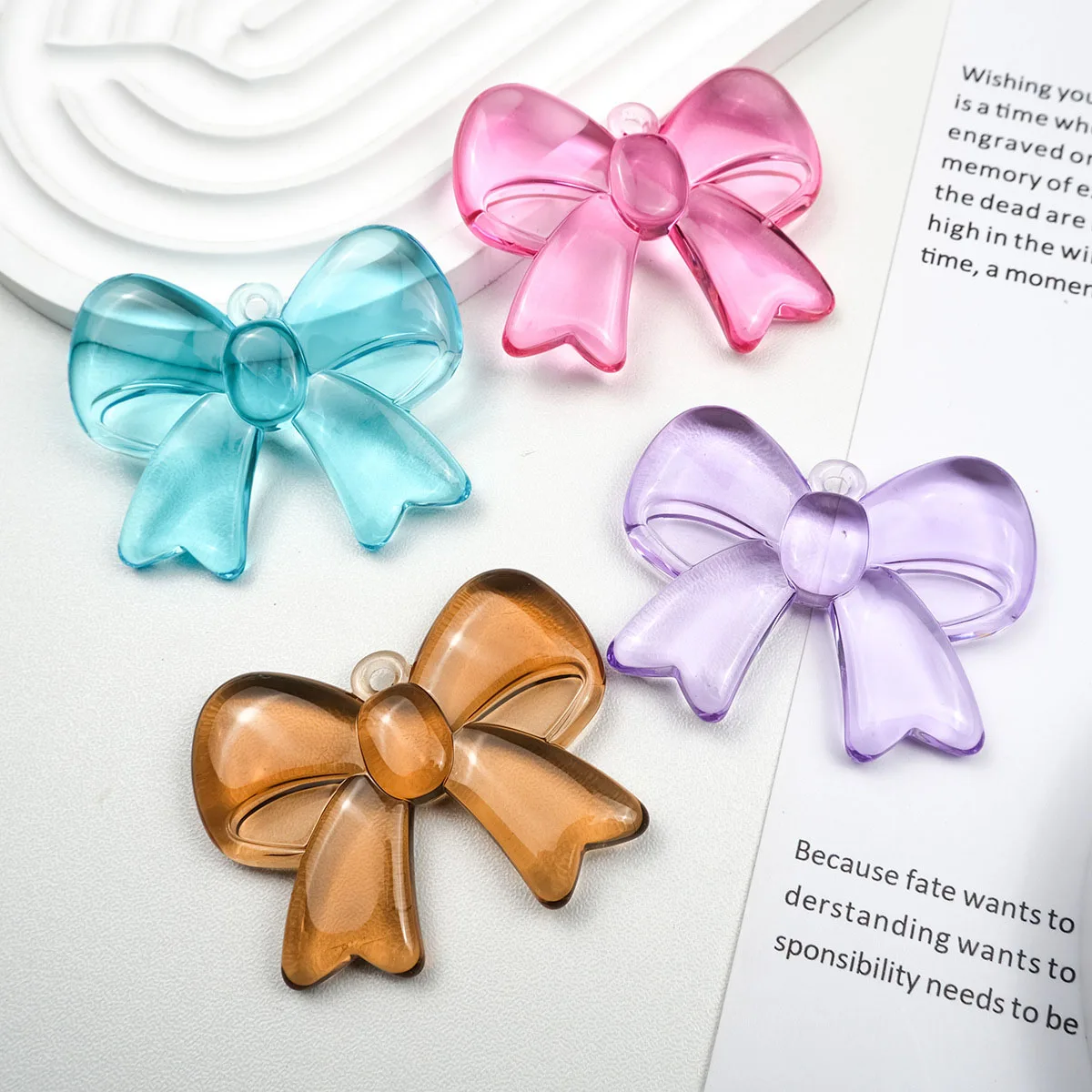 New Arrival Transparent Colors Ribbon Tie Bow Acrylic Plastic Beads Necklace Pendant Charms Fit Bracelet Earring 20pcs 54*45mm