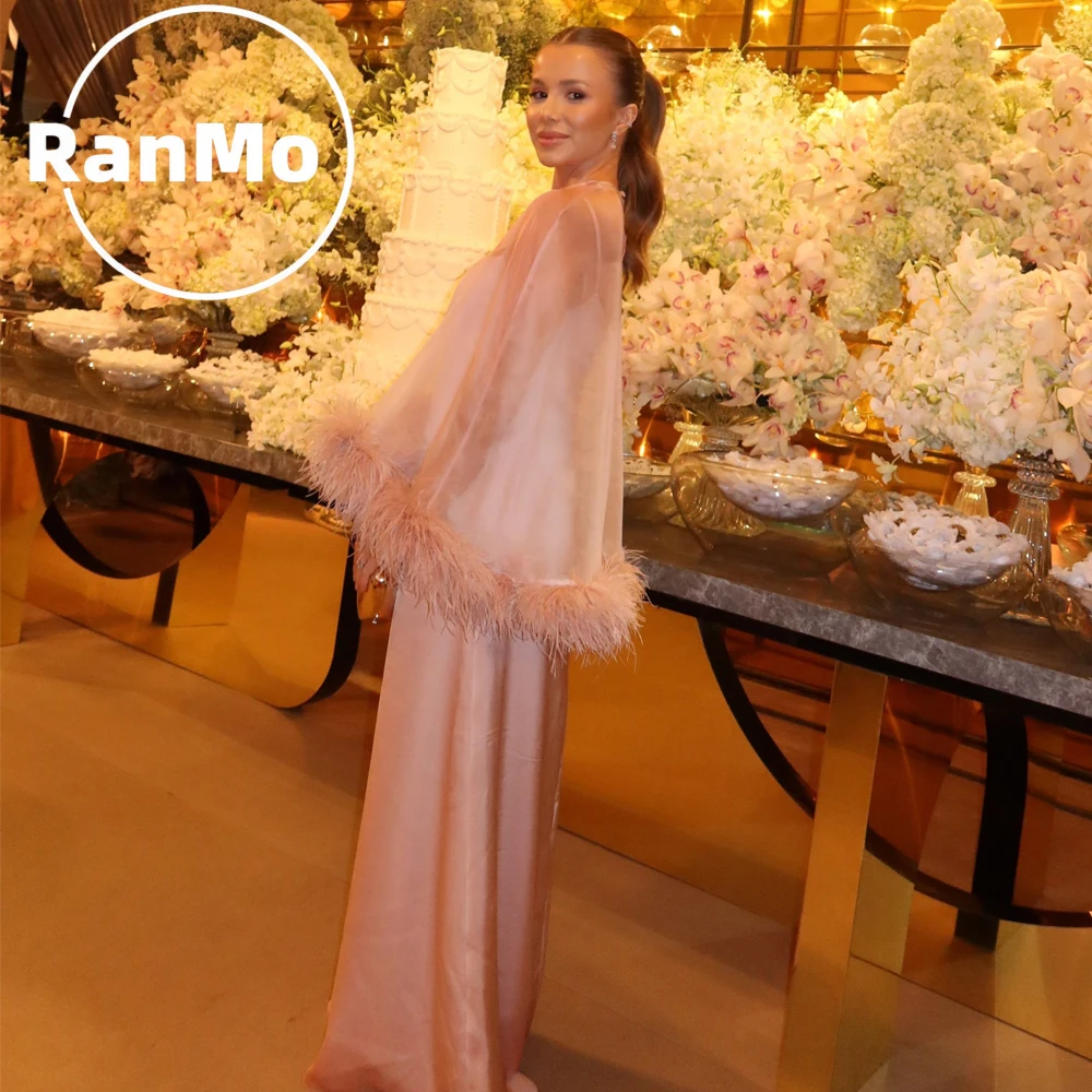 Ranmo Customized Wedding Party Dress Pink Sheer Cape Mermaid Feather Maxi Prom Gown Vestidos De Noche Formal Evening Dresses