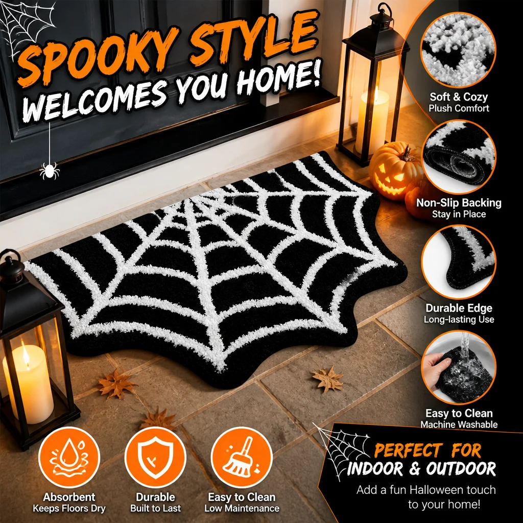 Halloween Spider Web Shape Rug Imitation Cashmere Anti Slip Floor Mat Gothic Doormat Indoor Home Decor Carpet