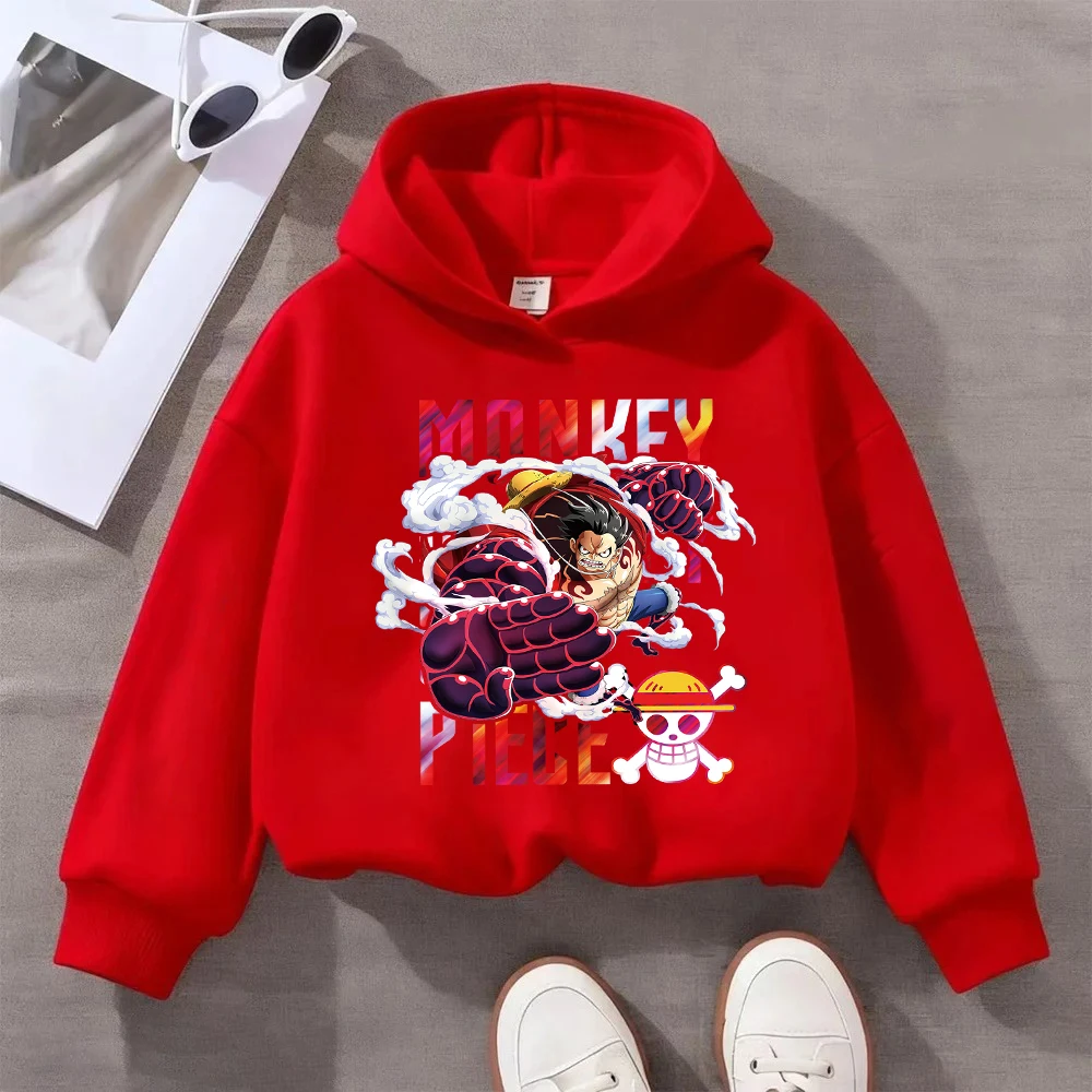 سترة بغطاء للرأس مطبوعة من قطعة واحدة للأطفال من Monkey D. Luffy، أنيمي - سويت شيرت كاجوال بطابع للأولاد والبنات، بلوفر قطني مريح