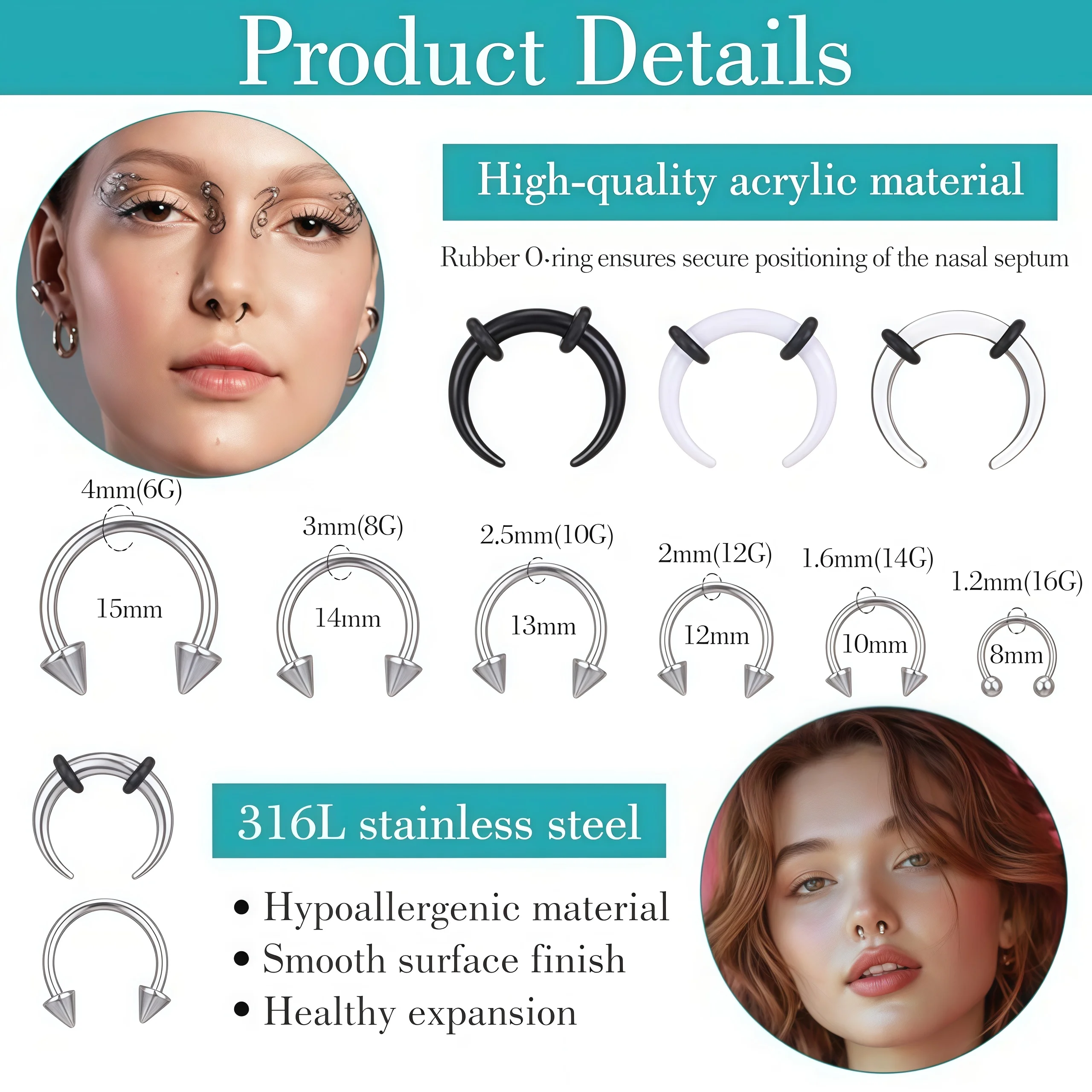 30Pcs Septum Stretcher Kit Acrylic Stainless Steel Buffalo Taper Crescent Nose Ear Expander 16G to 6G Piercing Jewelry