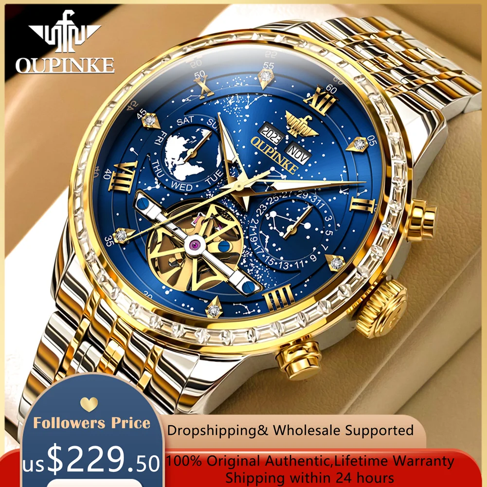 

OUPINKE Original Skeleton Flywheel Fully Automatic Watch for Men Luxury Top Brand Diamond Lap Starry Men's Mechanical Wristwatch