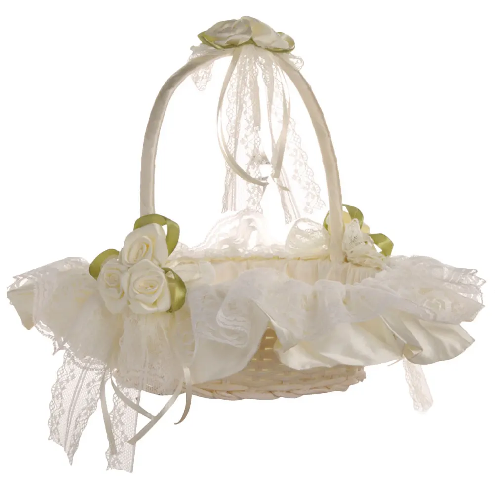 

Wedding Flower Girl Baskets Bride Hand Fabric Small White Basket with Handle for Bridal Party Rose Petals Storage