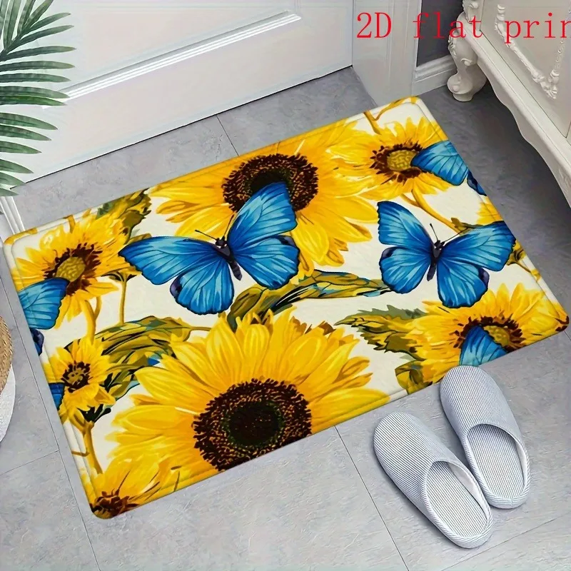 Sunflower Blue Butterfly Doormat Bright Summer Print Floor Mat Vivid Botanical Art Rug for Indoor Entrance Front Door Home Decor