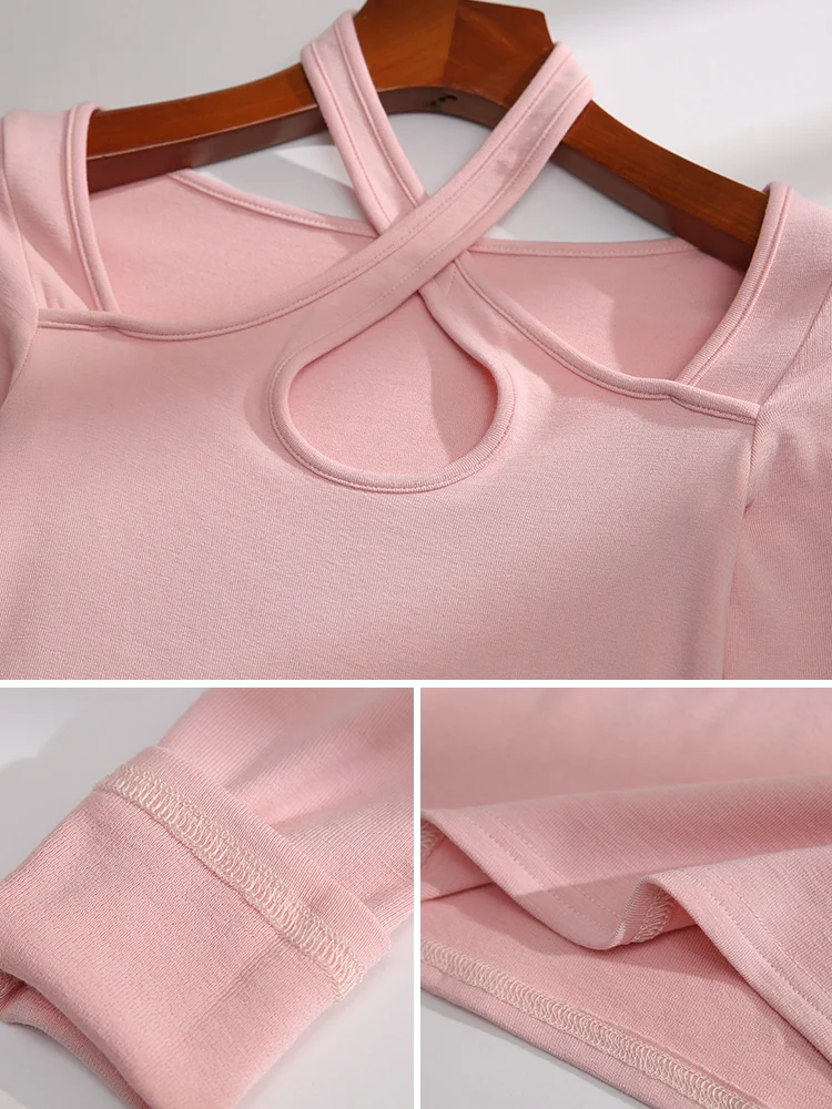 

Весенняя новая женская футболка Sle с вырезами Ne Long Sve для похудения, базовый слой, чистый цвет, простой матч, хлопок для поездок на работу...