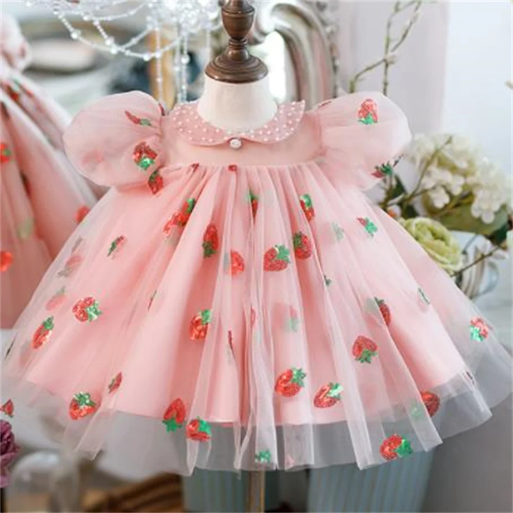 Girls princess baby birthday strawberry sequin mesh dress children's vestido de fiesta dress