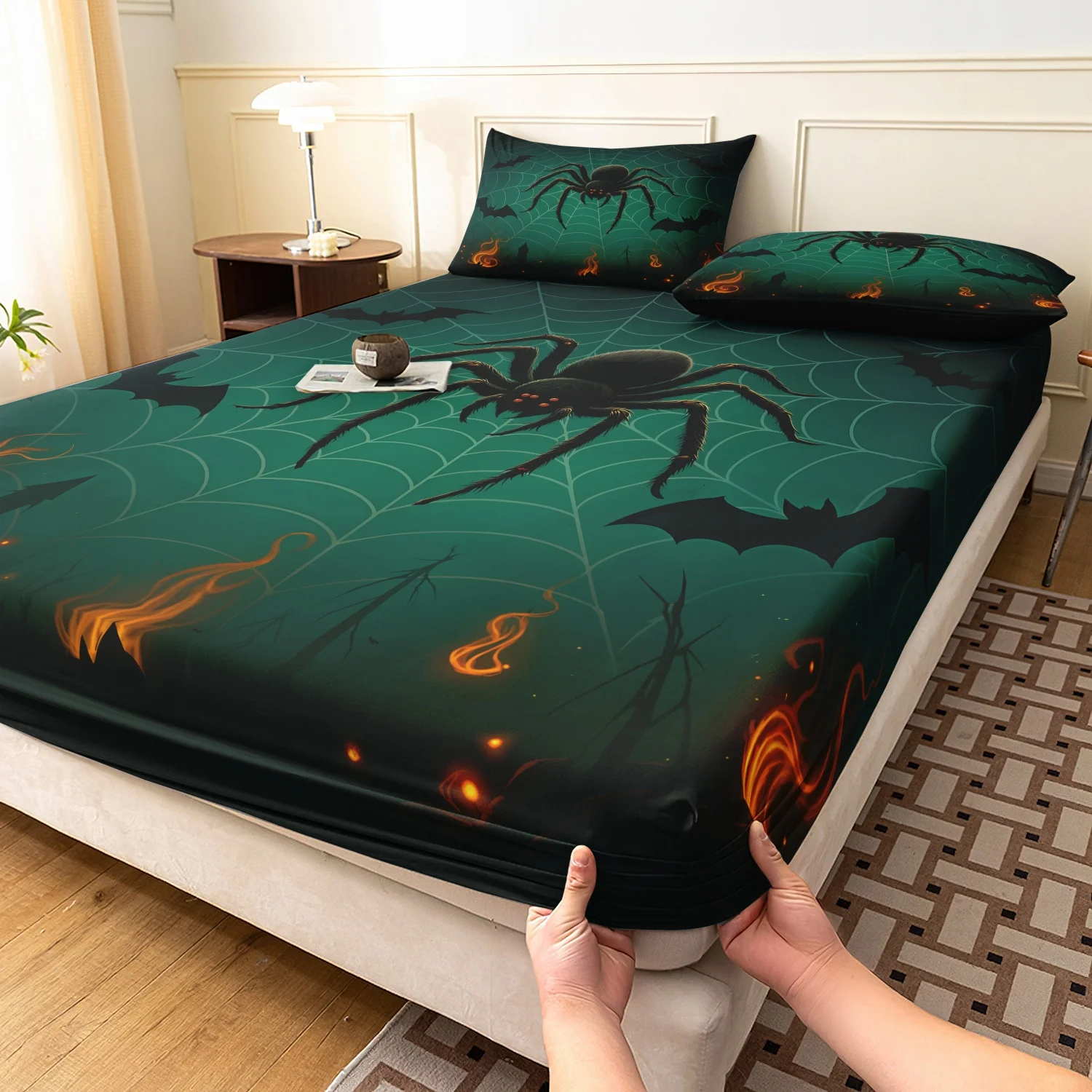 3 Pieces Dark Green Halloween Spider Web Print Fitted Sheet Set, Giant Spider Bat Flame Dead Tree Horror Print Bedding