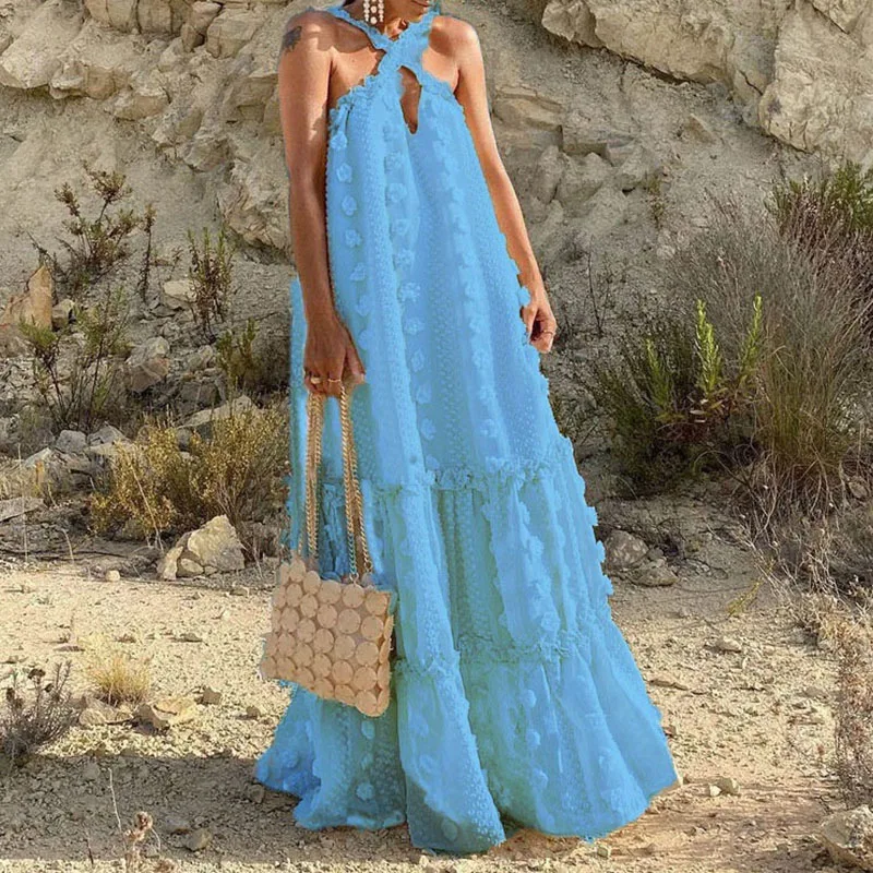 Bohemian Women's Summer Long Dress Sexy Boho Hanging Neck Sleeveless Beach Sundress Vacation Floral Evening Prom Maxi Dresses