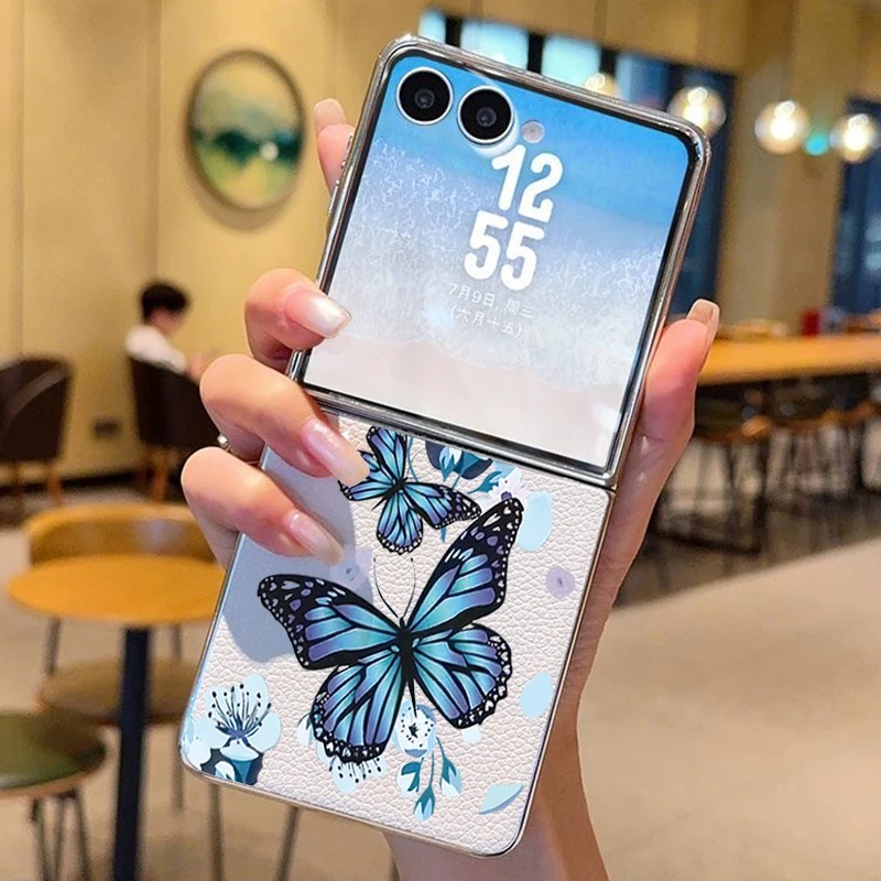 Purple Butterfly PU Leather Phone Case For Samsung Galaxy Z Flip7 FE Flip6 Flip 7 6 5 5G Silver Plating Frame Hard Folding Cover