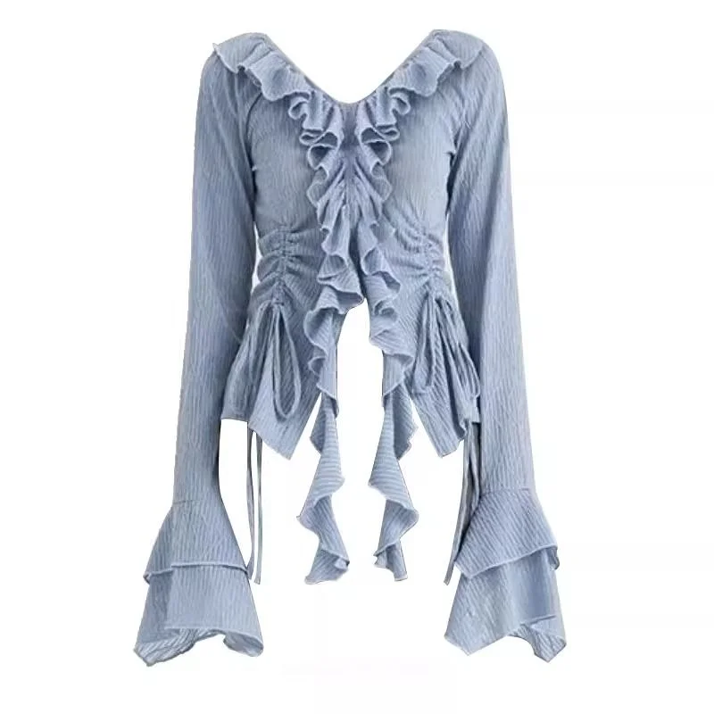 Top de manga larga para mujer, camisa reductora de edad ajustada con volantes y cuello en V, nuevo diseño